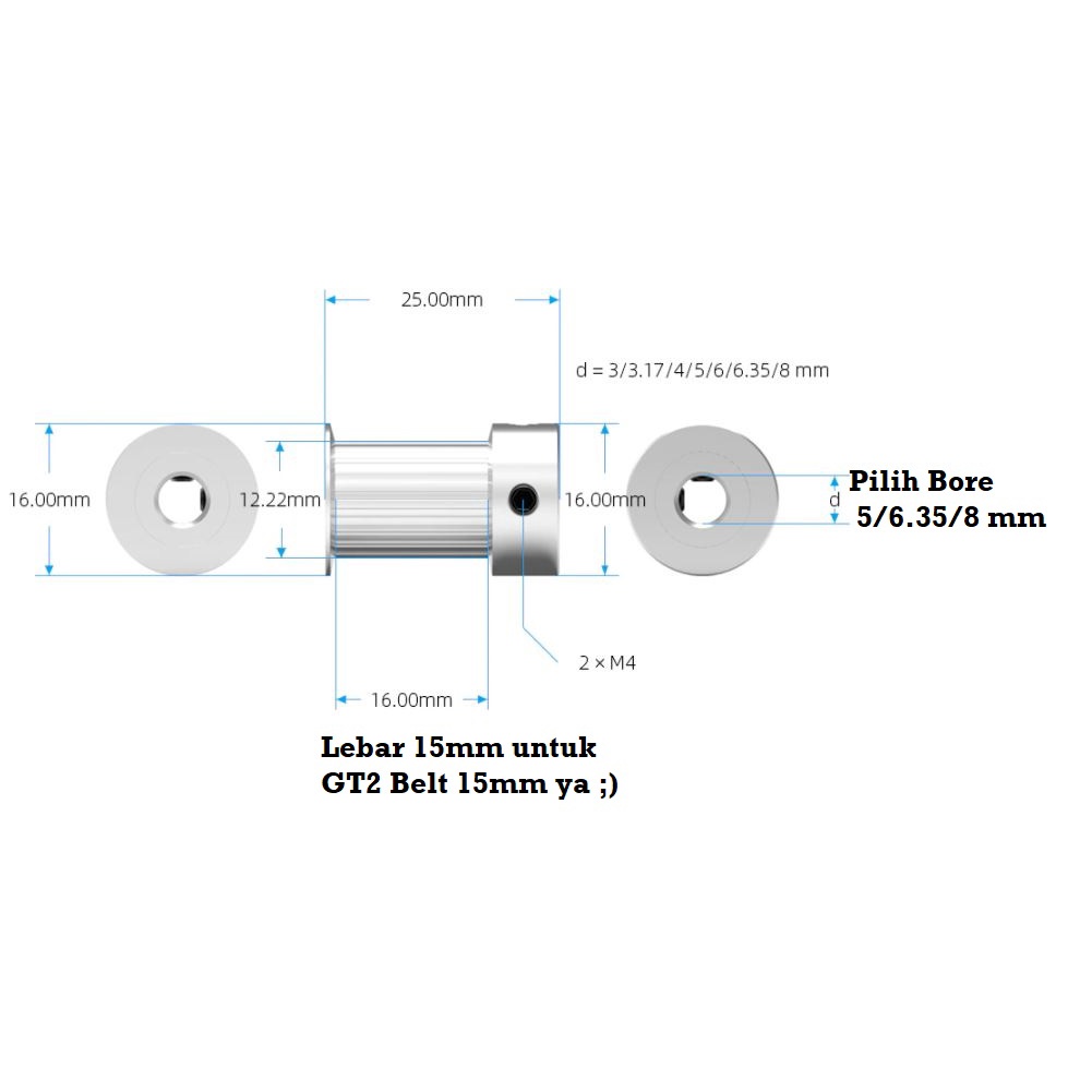 [HAEBOT] GT2 Pulley Pully Timing CNC 20T W15 Bore 4 5 6 6.35 8 CNC 3D Printer Lebar 15mm Puley 3D Printer Aluminium Pitch 2mm Aktuator Slider Router Mekanik 20 Teeth Gigi