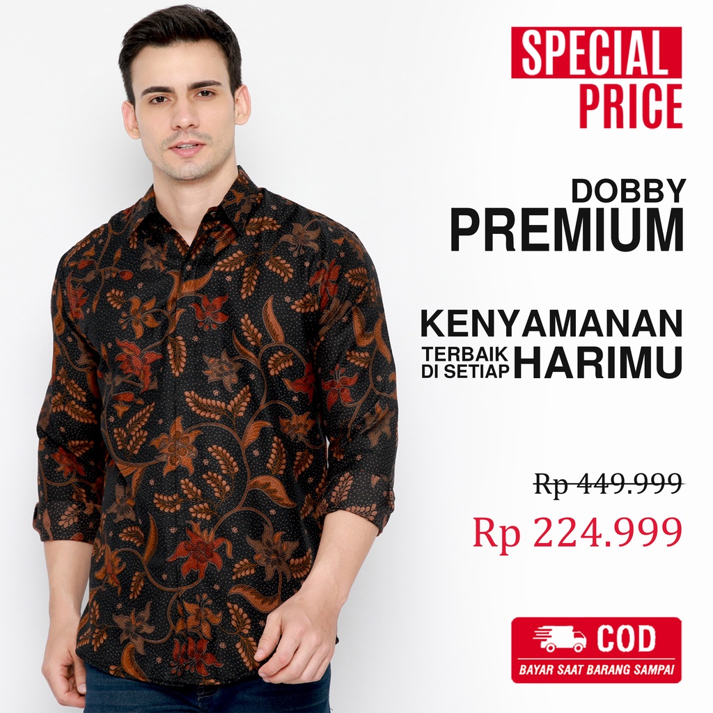 KEMEJA BATIK PRIA Dobby Lengan Panjang Slimfit Slim Fit Warna Hitam Orange Merah 723084 Cap 72 - Baju Kemeja Atasan Pakaian Setelan Batik Pria Cowok Laki Laki Remaja Keluarga Kantor Lengan Panjang Modern Slimfit Slim Fit Premium Kekinian