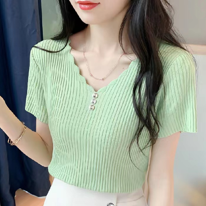 ATASAN RAJUT WANITA V NECK/Baju Rajut turtleneck Wanita/Kaos Import V Neck  Wanita Lengan pendek