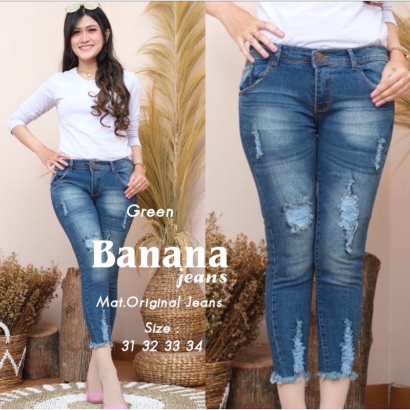 WOW-Banana Jeans Sobek Celana Jeans Highwaist Wanita