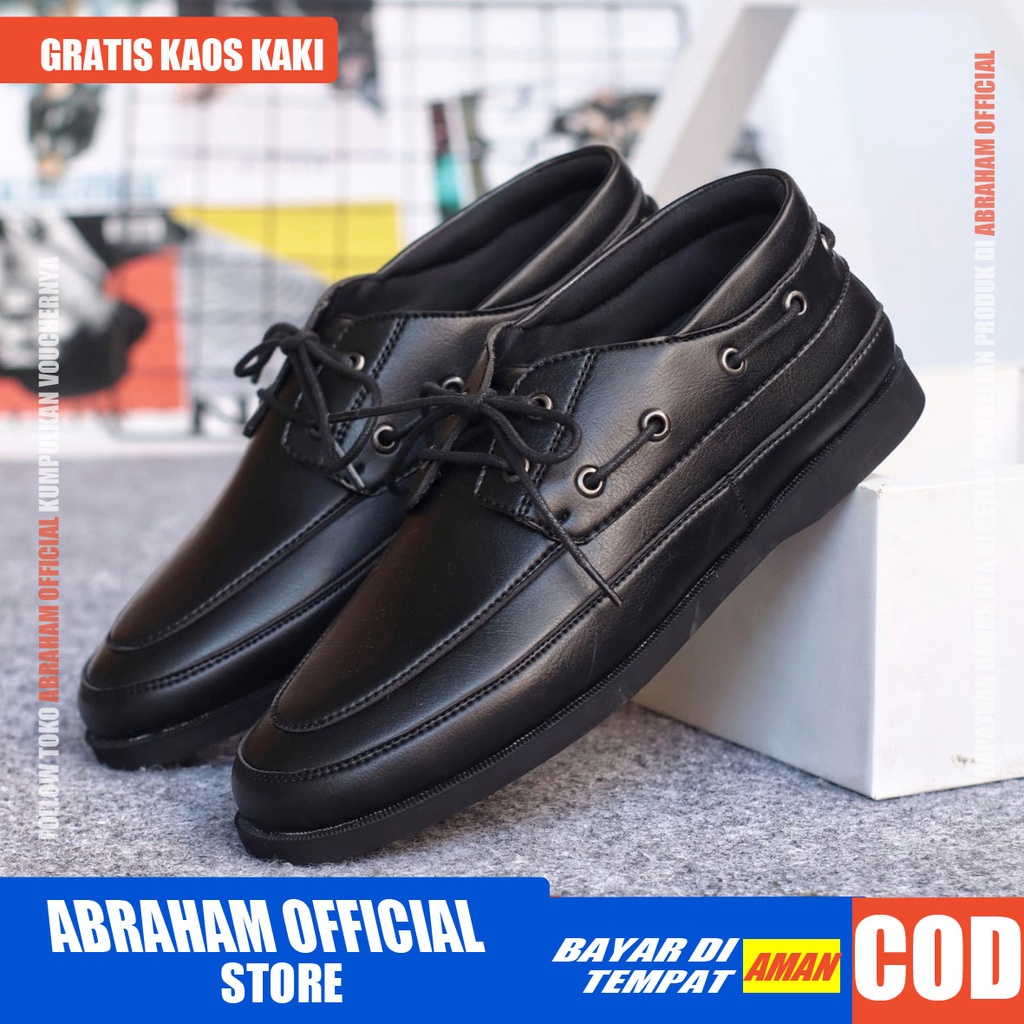 ABRAHAM Sepatu Formal Hitam Tali Pantofel Kulit Sintetis Casual Kerja Pria