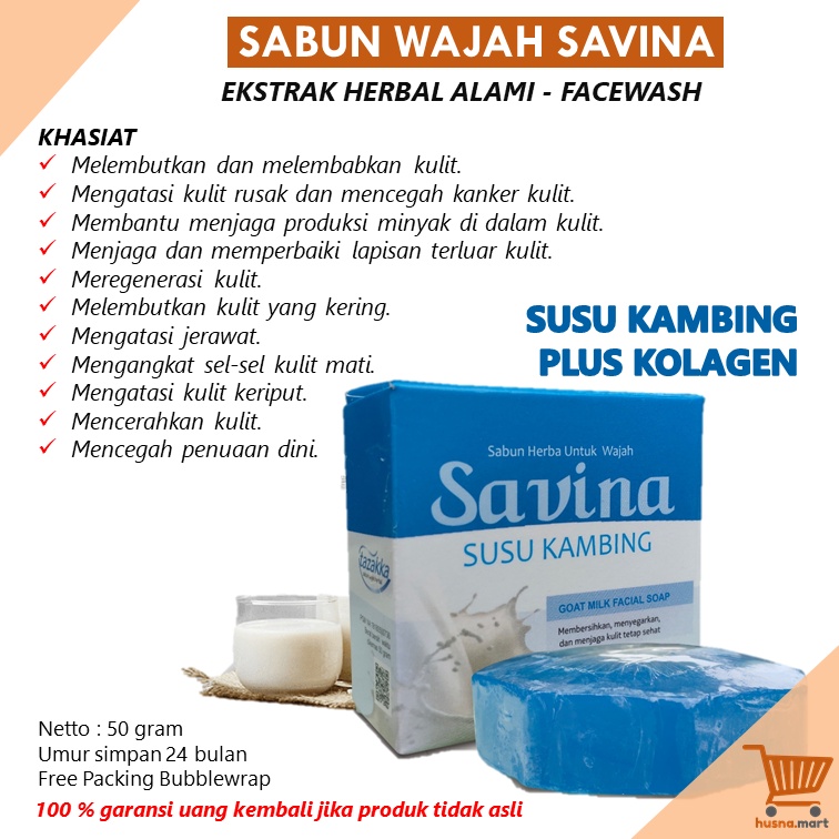 Savina Sabun Wajah Susu Kambing Plus Kolagen Pemutih Muka Kulit Herbal Tazakka 50 gr Facial Wash Original