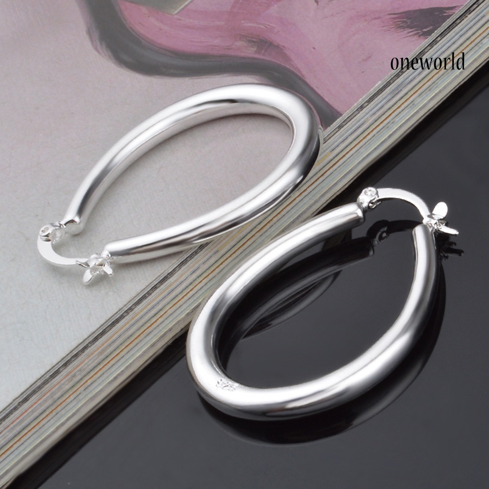 OW@ Silver Plated Big Hollow Oval Hoop Earring Fashion Women Party Banquet Jewelry