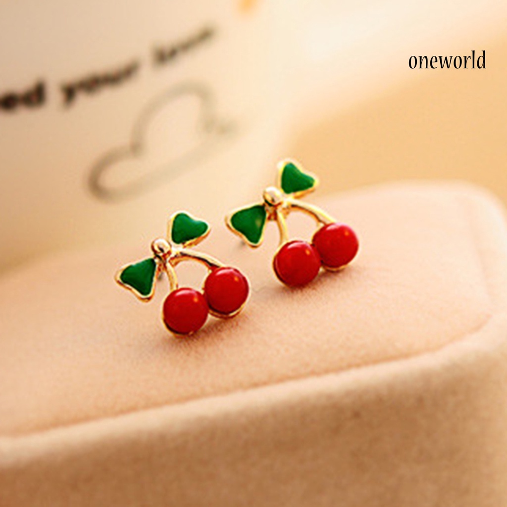 OW# 2Pcs Stud Ear Ring Colorful Decorative Golden Color Cherry Stud Earring for Dressing Room