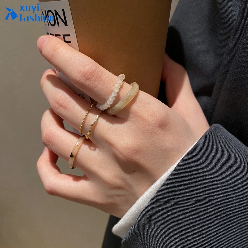 6pcs / Set Cincin Manik-Manik Polos Bahan Resin Gaya Retro Untuk Wanita