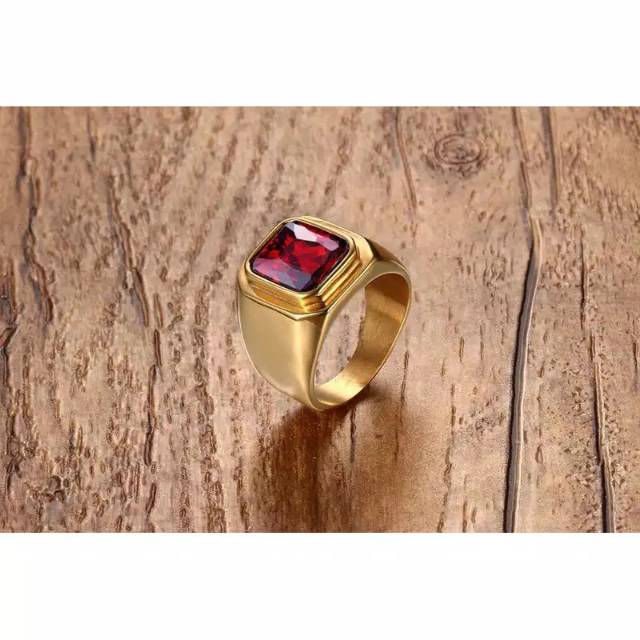 Cincin Pria Octagon Minimalis Ring Titanium Stainless Steel Warna Gold Batu Akik Merah Red Ruby