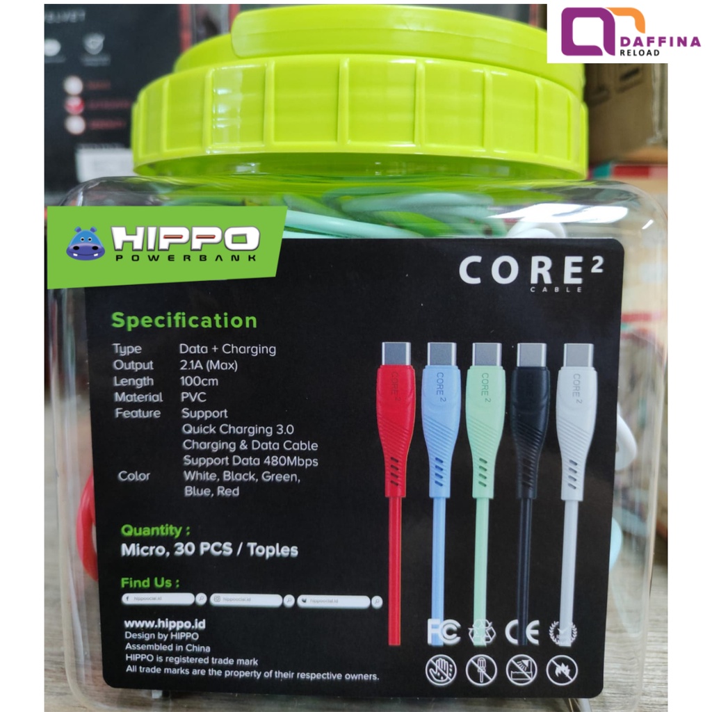 (1TOPLES ISI 30PCS) Hippo Core 2 Kabel Data Micro USB 100 CM - Quick Charging 1 toples KABEL BULAT ISI 30 BIJI