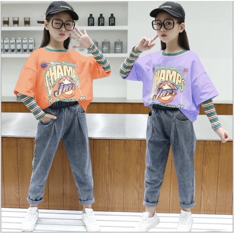 babyfit CHAMPIONEESE 4-10thn baju setelan sweater double sleeve anak perempuan set celana jeans