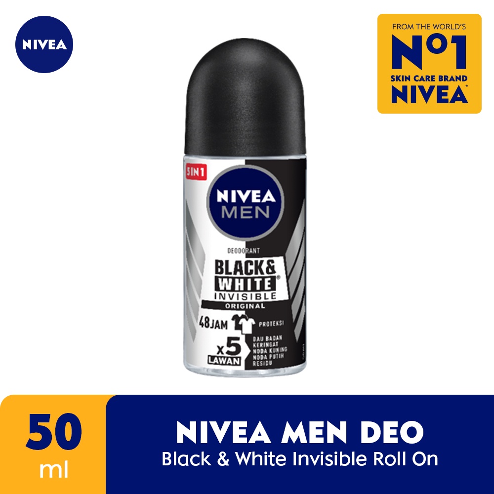 NIVEA MEN Deodorant Roll On Black &amp; White Invisible Original 50ml - Perlindungan 48 jam, tanpa noda