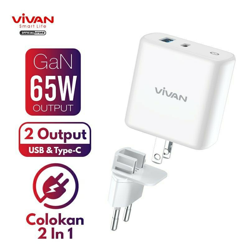 VIVAN GaN02S GAN 02S Charger Fast Charging 65W 5.4A GaN Technology QC4.0 USB &amp; Type-C Port US/EU 2 in1 Travel