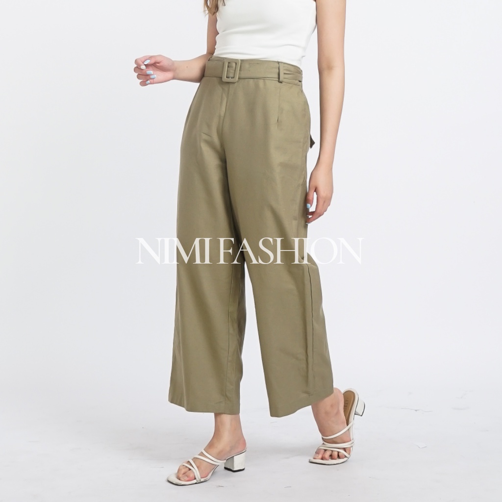 Celana Kulot Linen Highwaist Wanita / Wide Leg Free belt Culottes Linen Pants Premium