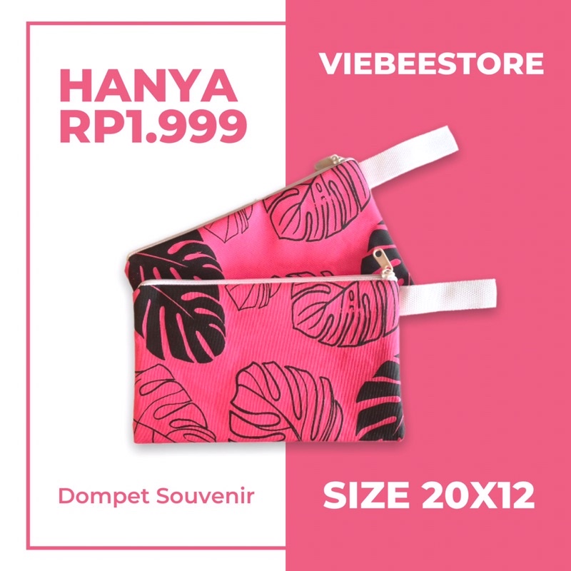 POUCH KEKINIAN SEMI KANVAS MOTIF MONSTERA PINK 20X12