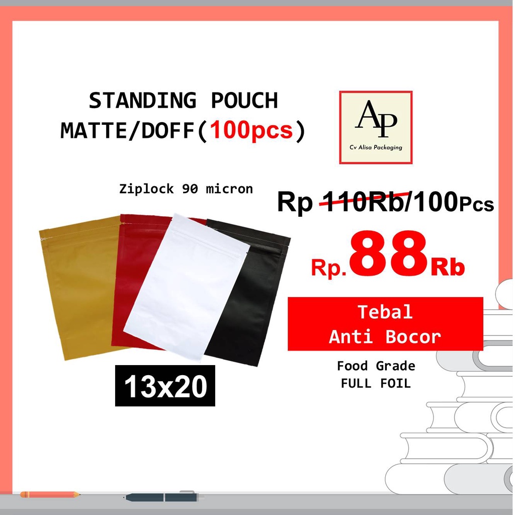 

Standing Pouch Alumunium Foil Warna Doff Matte 13X20 Kemasan Plastik Klip Aluminium Foil Food Grade Ziplock Kantong Kopi Snack Bukan Kpack