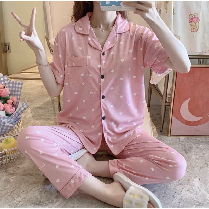 JC- PIYAMA SET Import CP / Piyama wanita Import terbaru / Piyama Import Korean Style-Small Love Dusty CP