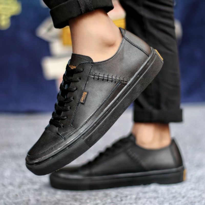 LOW DANTE BLACK Sepatu Sneakers Pria Sepatu Pria Casual Kulit Asli Spatu Sneker Hitam Keren