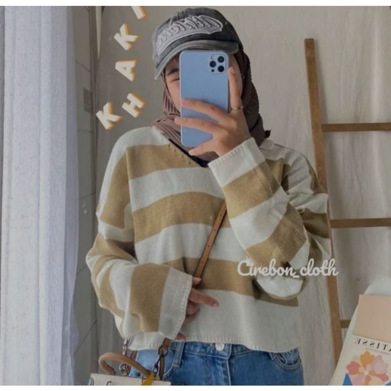 [BISA COD] Crop Rajut Alda Strip / Sweater Fuji Rajut Motif Garis / Thania Blaster Sweater / Tebal Blaster Thania / Polo Stripe Rajut / Crop Fuji / Fuji Crop Top Stripe