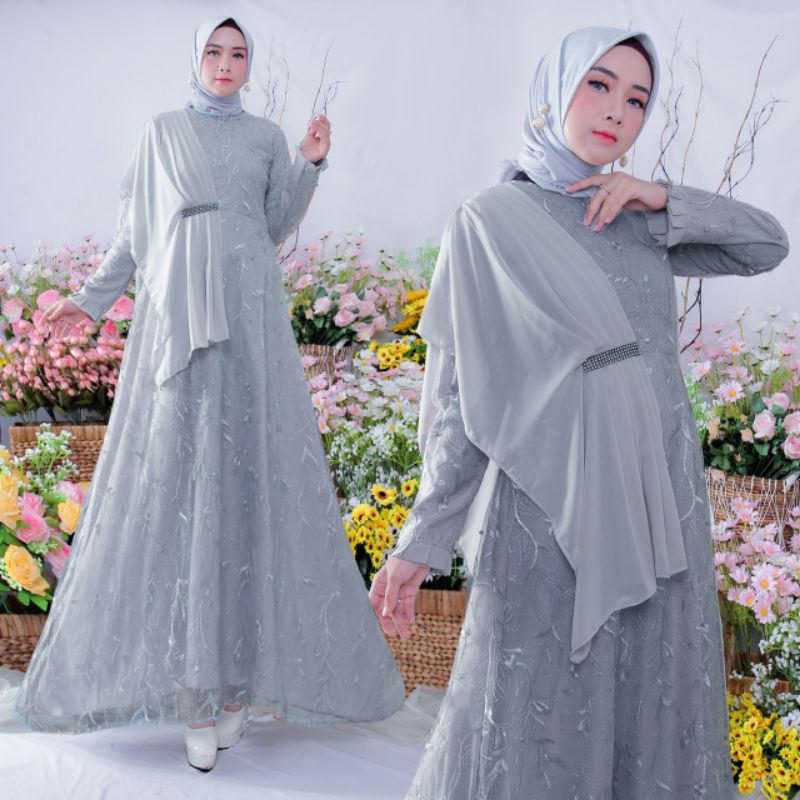 Gamis Brukat Tile Adiba Gamis Brukat Pesta Maxy appilkasi Selendang Ceruti