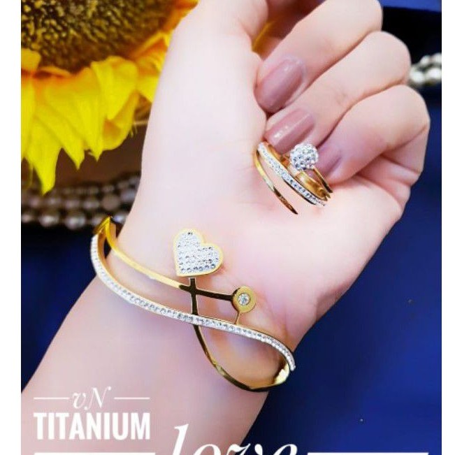 Titanium Set Gelang dan cincin motif love cantik terlaris 4456x