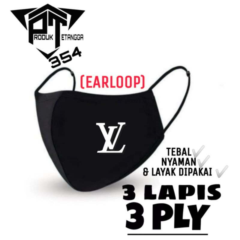 MASKER LOUIS VUITTON - MASKER KAIN 3LAPIS  EARLOOP/HEADLOOP - HITAM PRIA WANITA DEWASA MURAH