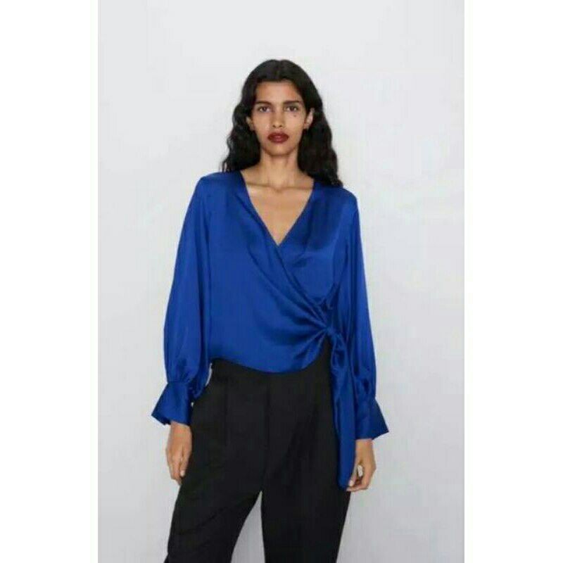 Zara Blue Satin/ &amp; Polyester Wrap Blouse Original Branded