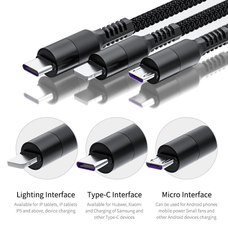 Kabel Charger 3 in 1 6A Fast Charging Dengan Port Micro Usb / Type C