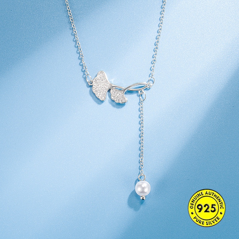 Kalung Rantai Emas 18K Dengan Liontin Daun Ginkgo + Mutiara Untuk Wanita