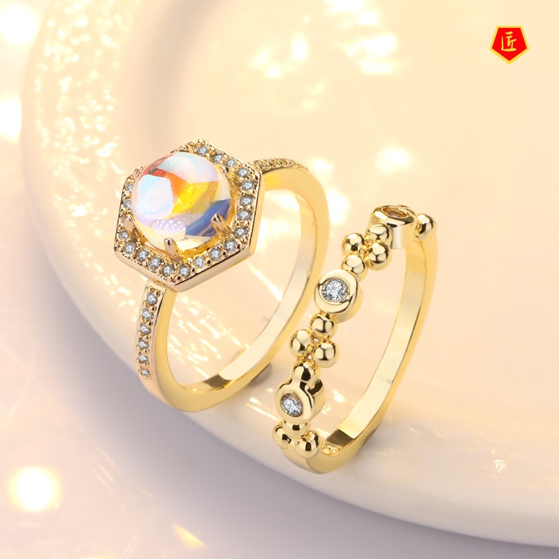 [Ready Stock]Inlaid Moonstone Ring 925 Silver Simple All-Match