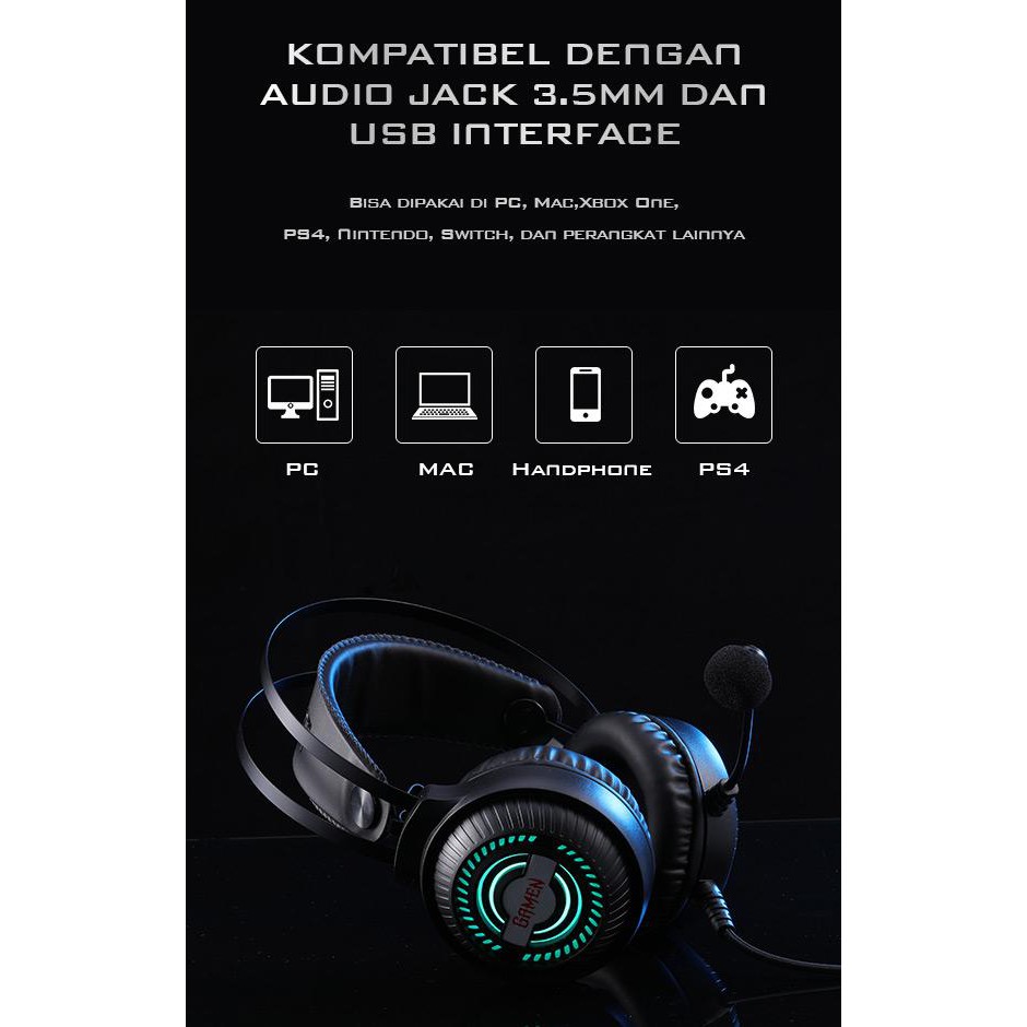 Headset Gamen GH2100 3.5mm Audio Jack input RGB LED Light Braided Wire garansi 1 tahun