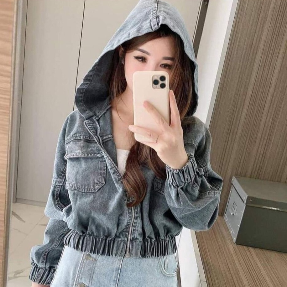 jaket jeans crop girls republic I jaket denim hoodie sandwash I hoodie jacket I jaket jeans oversize wanita