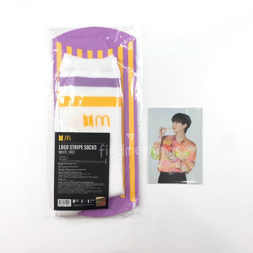 [ready stock] BTS x mcd official merchandise: logo stripe socks purple white & suga photo card seale