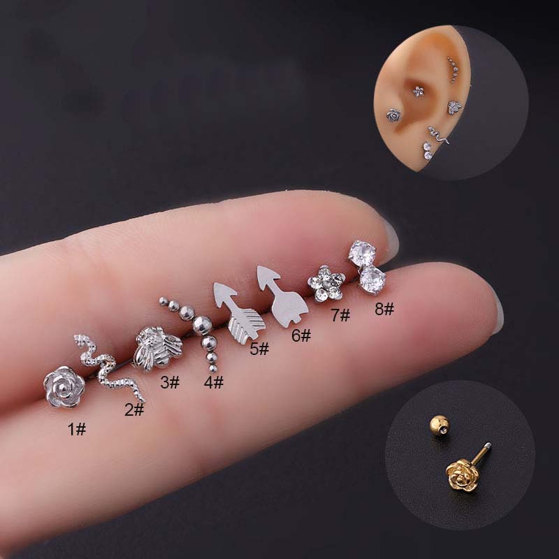 1pc Anting Tindik Tulang Rawan Telinga Bentuk Bunga Mawar Bahan Stainless Steel Panjang 6mm