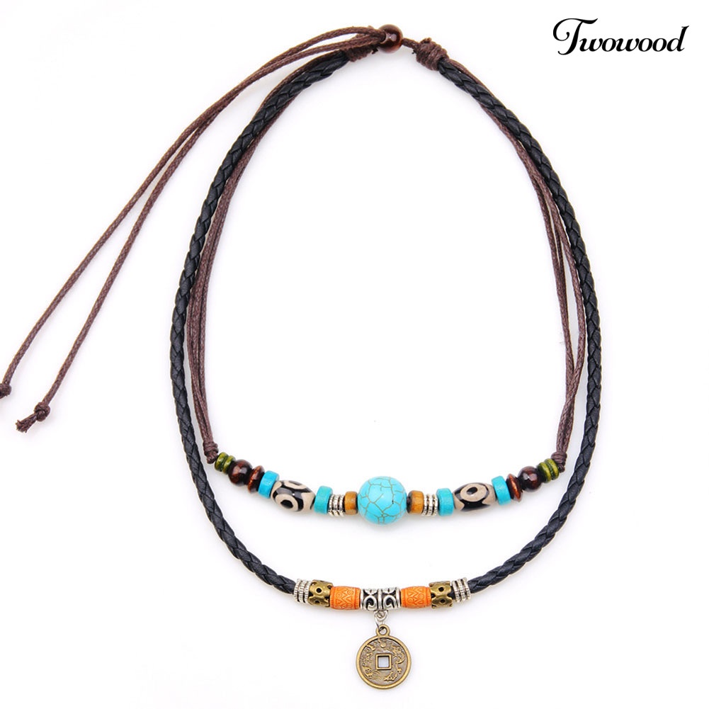 Kalung Choker Multilayer Dengan Liontin Manik-Manik Turquoise Imitasi Untuk Pria