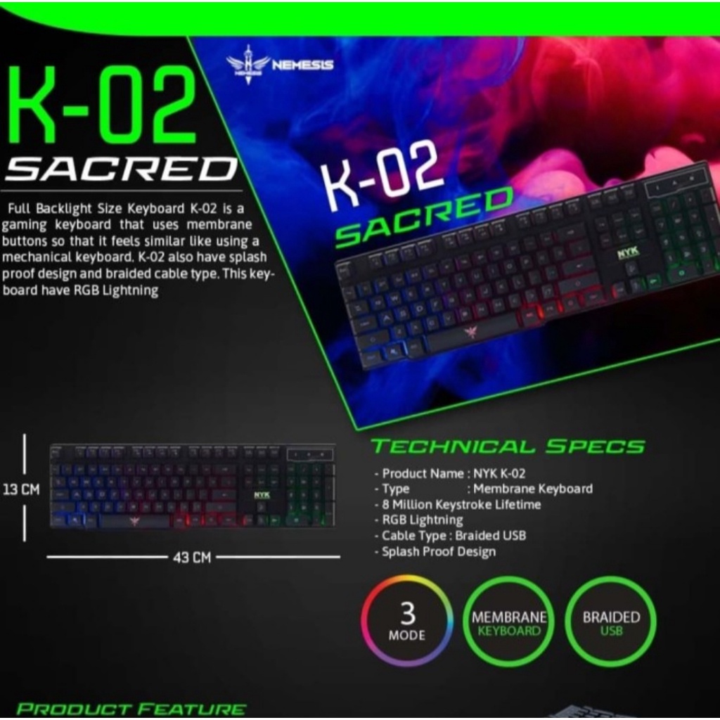 Keyboard Gaming NYK K-02 Keyboard LED USB Kabel Full Backlight Rainbow Di PC Laptop