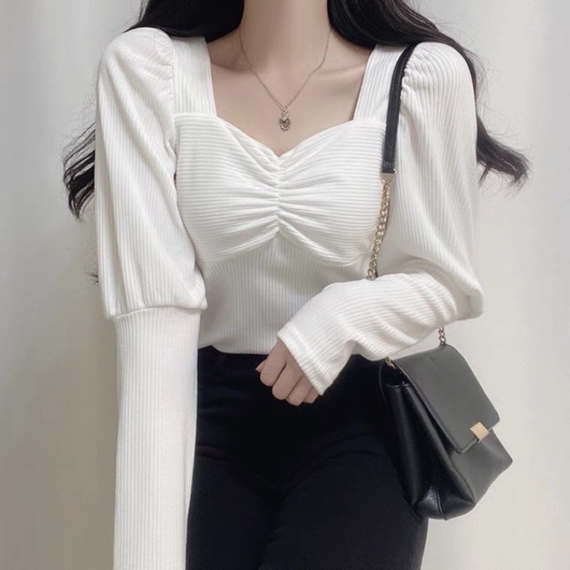 H7 B1378 Korean velvet top variasi brukat leher kotak / Atasan lengan panjang