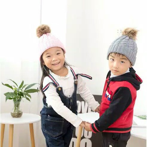 Topi Kupluk Anak Pompom Motif Cable [2036]