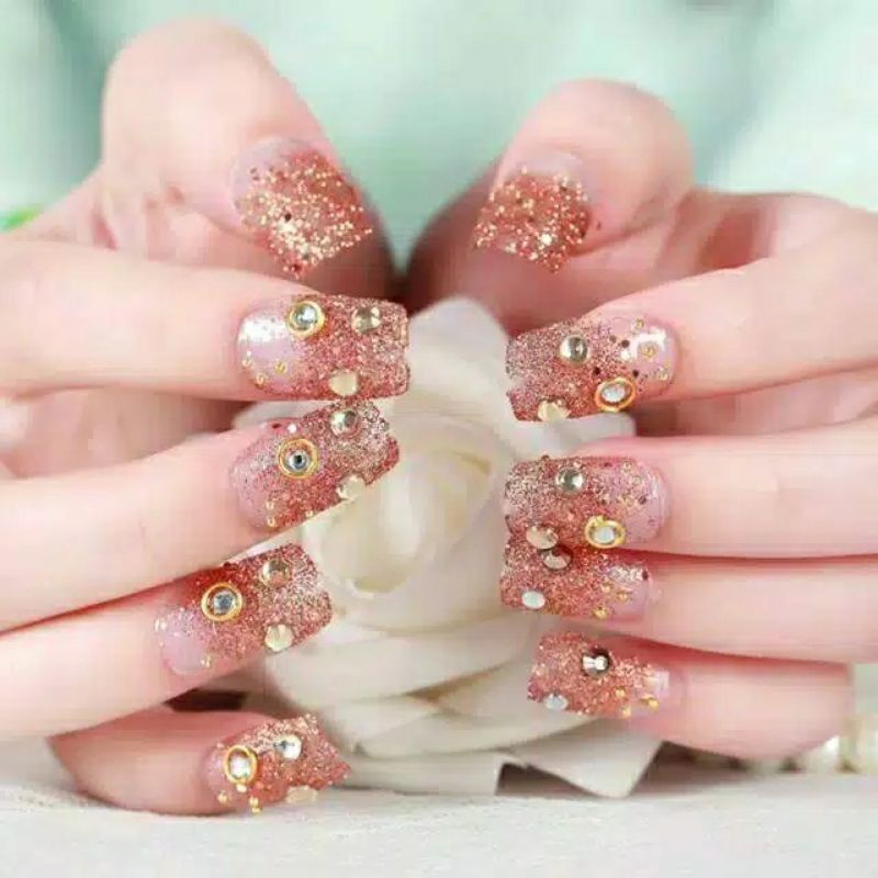 Kuku palsu 3D/Glitter Solid False Nails Orange Pink Heart Rhinestone