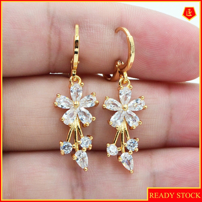 [Ready Stock]Simple Sweet 18K Gold Flower Inlaid Colored Gems Earrings