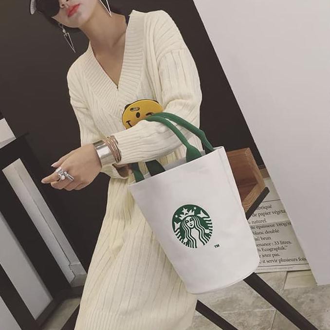 Diskon tote bag kanvas starbucks - hand bag canvas wanita - tas tenteng Go5 STOK TERBATAS