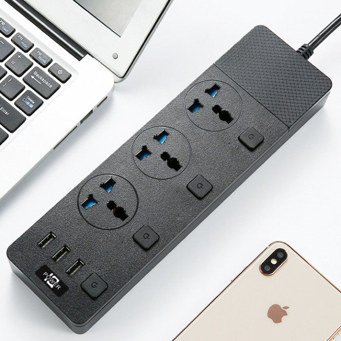 Lubang 3 Soket Steker Power Strip Black / Stop Kontak / Power Strip / Colokan Listrik Socket USB Black / Stop Kontak 3way / Power Strip / Socket USB 3 way / Stop Kontak 3 Lubang / Stop Kontak Smart Power Strip Socket Colokan Listrik Socket USB Hitam/Putih