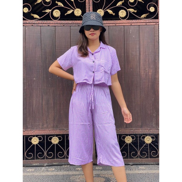 Oneset Crop Sinta  / Set Rayon Crop / New One Set-Kotak Lilac