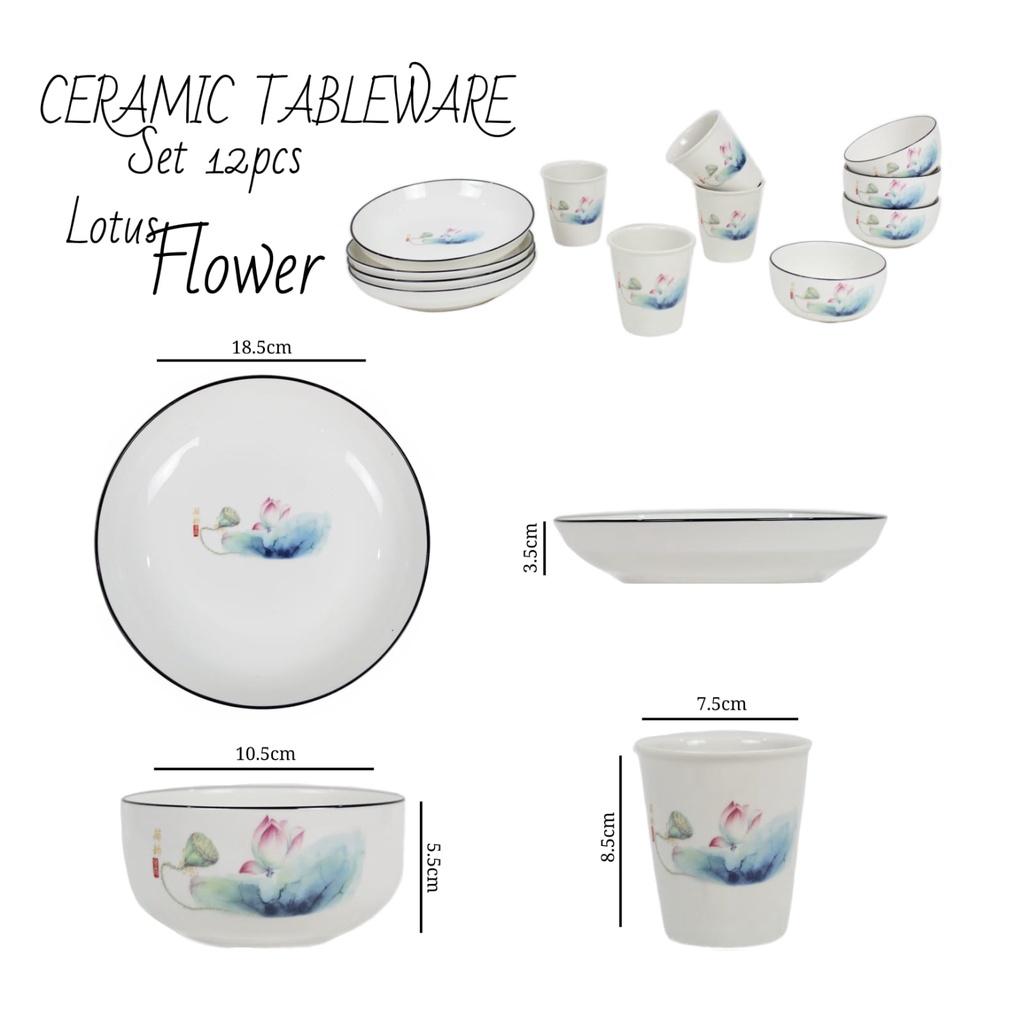 Ceramic Tableware 12pcs Dining Set Piring Mangkok Gelas