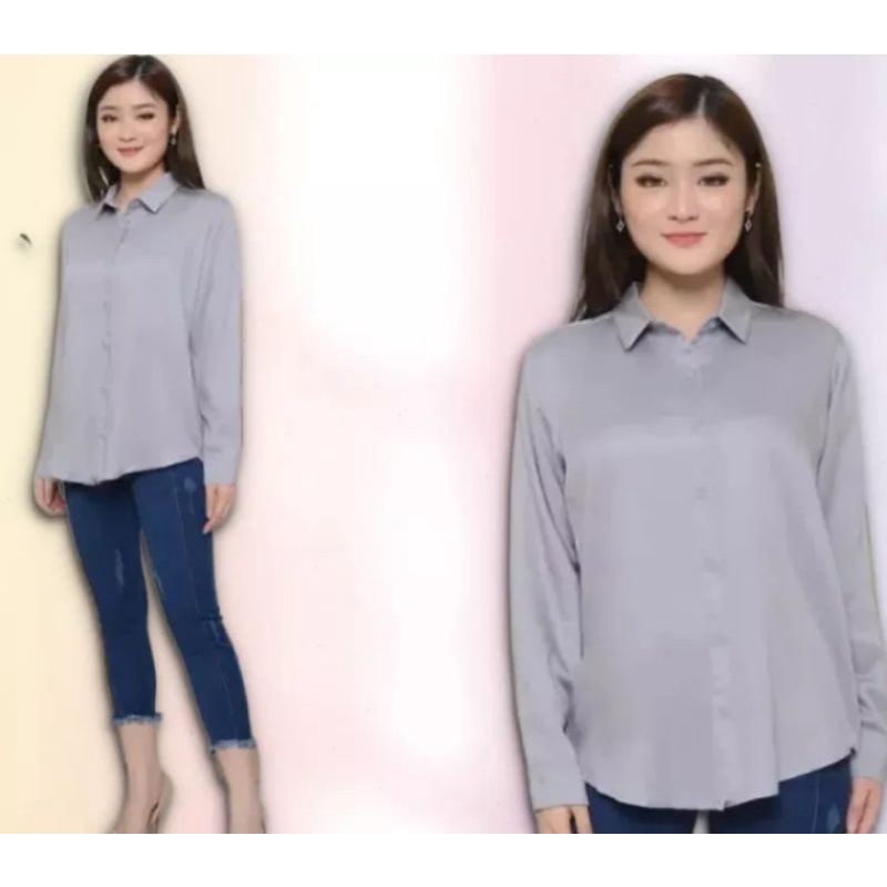 Kemeja Wanita Dewasa Kerja Kantoran Lengan Panjang Polos Size M L XL