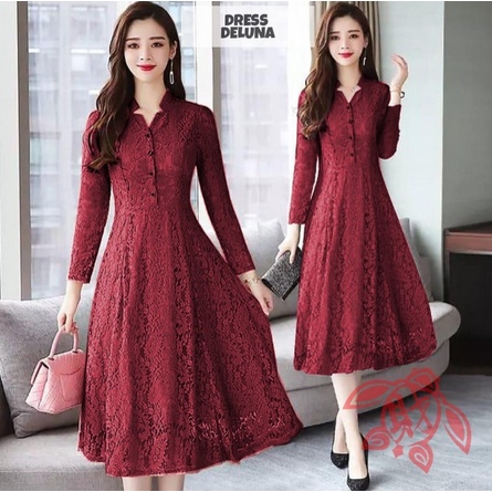 Dress Brukat Muslim Terbaru 2021 2022 Model Baju Pesta Wanita kekinian Bahan Brokat Kondangan remaja Dress Deluna