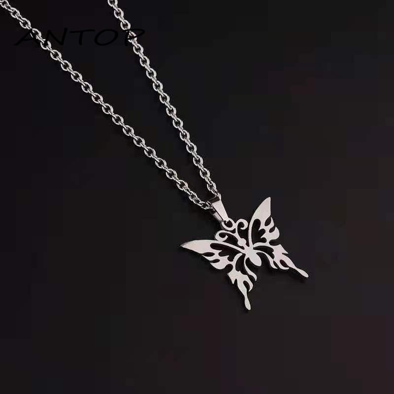 Kalung Liontin Butterfly Bahan Titanium Steel Gaya Korea Untuk Unisex ANTOP