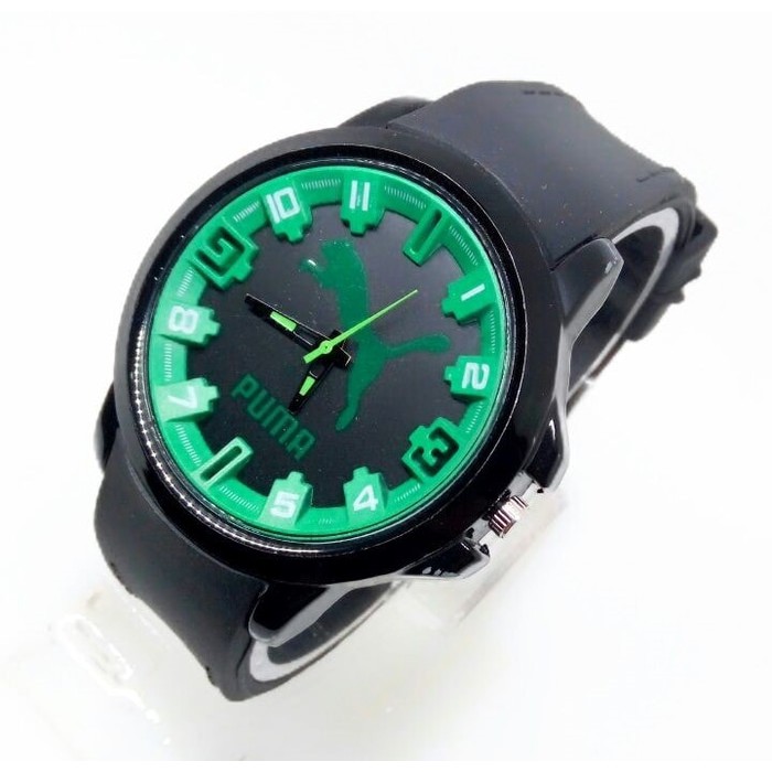 Jam Tangan Puma Rubber Karet Hitam Lis Hijau