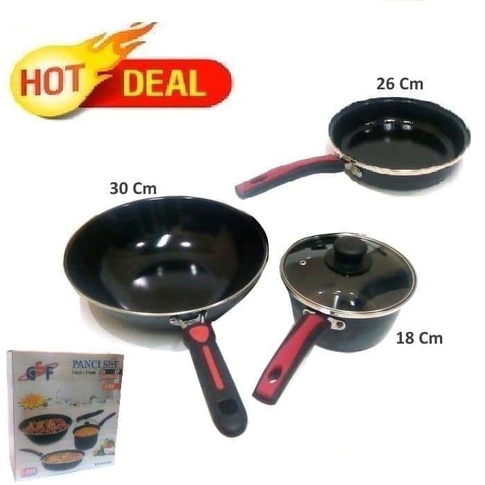 Panci Set Enamel GSF G-2630 Frypan Tutup kaca Wajan Wok Dan Saucepan