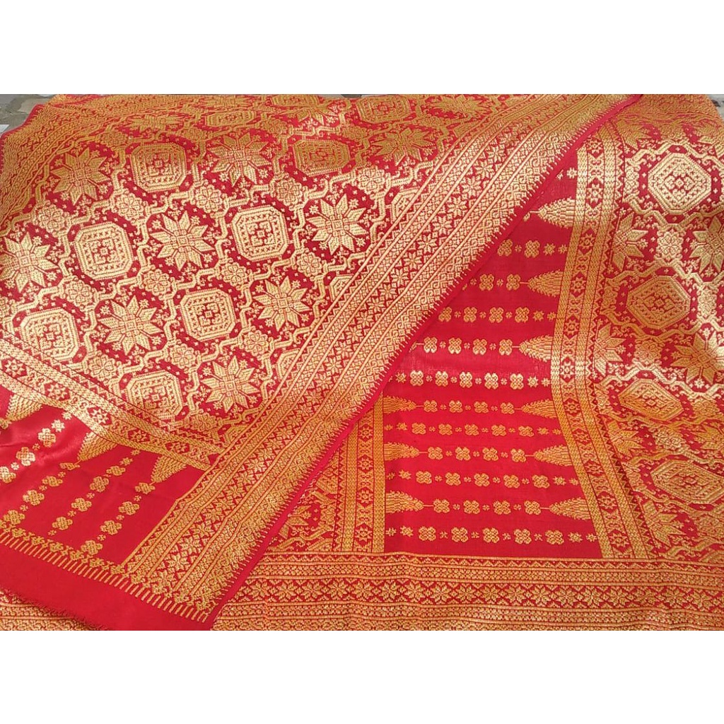 Songket Palembang Asli Tenun Tangan | Sutra Gebeng Merah Cabe Kristal Permata Berlian |Merah Pengant