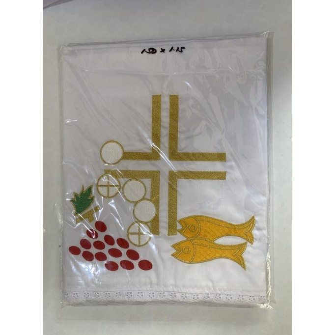 Taplak Meja Altar Putih Bordir 5 Roti 2 Ikan