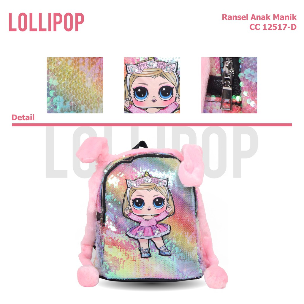 [KLIKTAS] Tas Ransel anak LOL Bunny Head 12517 / SEQUIN Lampu Manik Usap Kuping Gerak