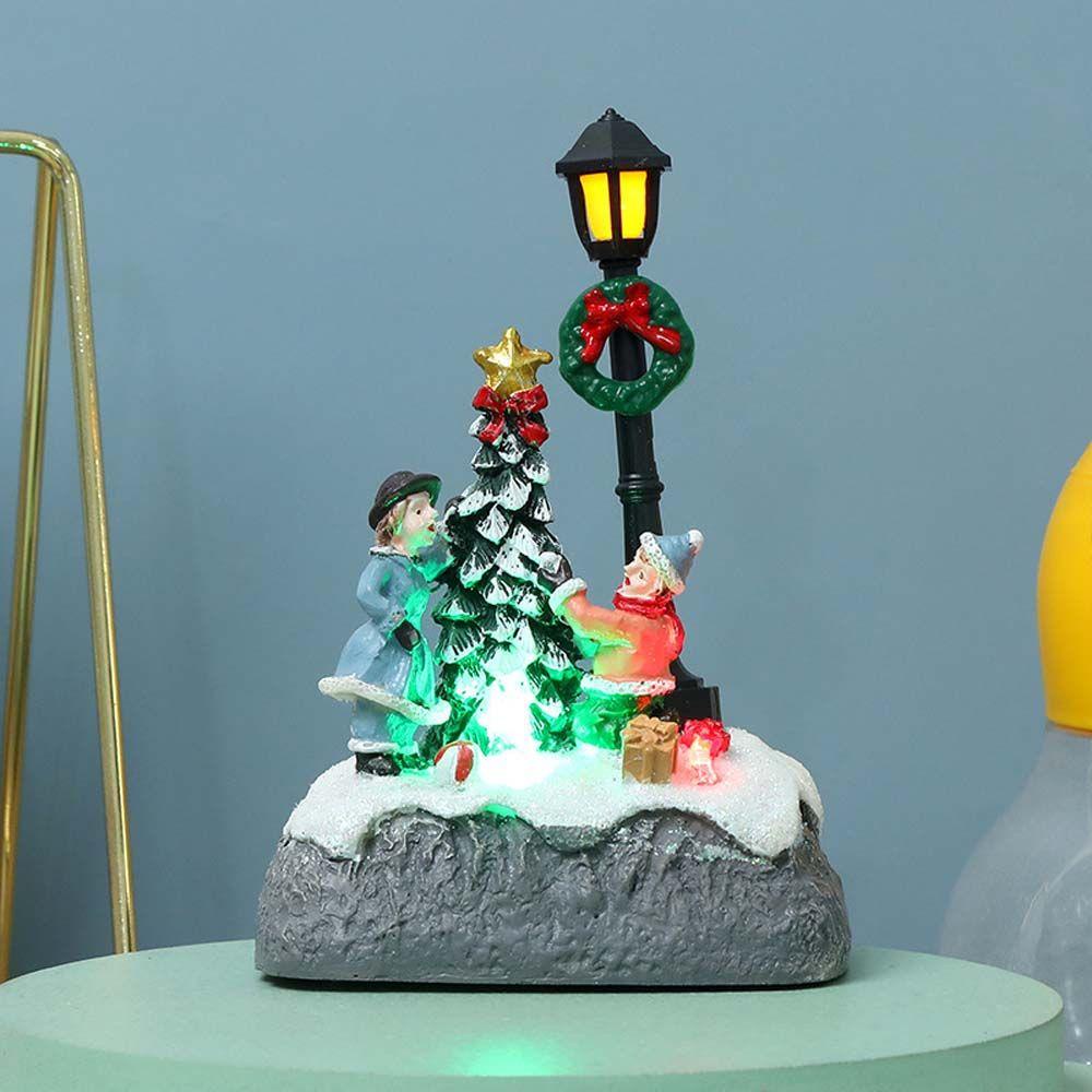 Agustina Mikro Lanskap Lucu Resin Pemandangan Desa Snowman Pohon Xmas Dengan Lampu LED Peri Taman Ornamen